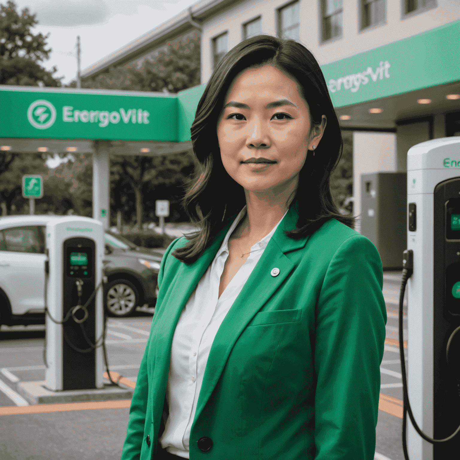 Dr. Emily Chen, founder of EnergoSvit, standing in front of an electric vehicle charging station. She has short dark hair and is wearing a green blazer.