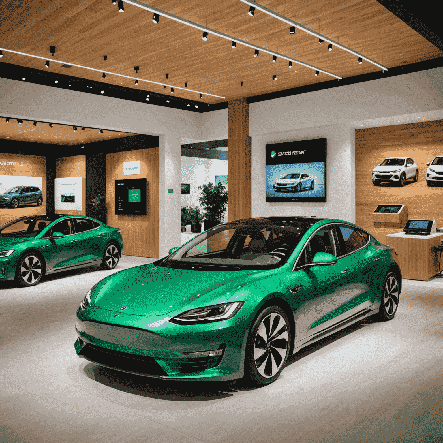 A modern showroom displaying various electric vehicles and green energy technologies. The space features sleek design with forest green and wood accents, showcasing the latest EV models and interactive displays for solar panels and wind turbines.