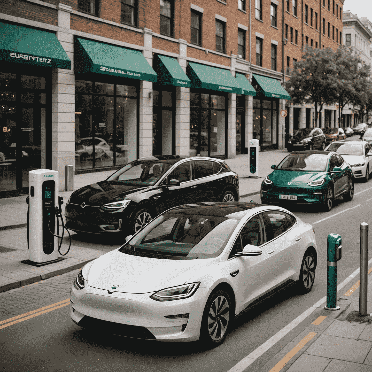 Electric vehicles on a city street with charging stations, showcasing various models and brands. The image highlights the growing presence of EVs in urban environments.