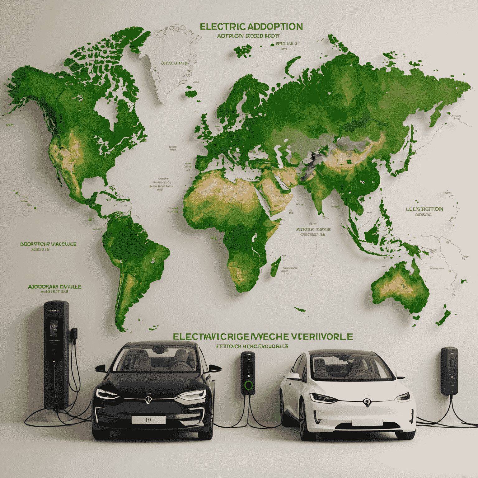 A world map showing the adoption rates of electric vehicles across different countries, with charging stations and EV models prominently displayed.