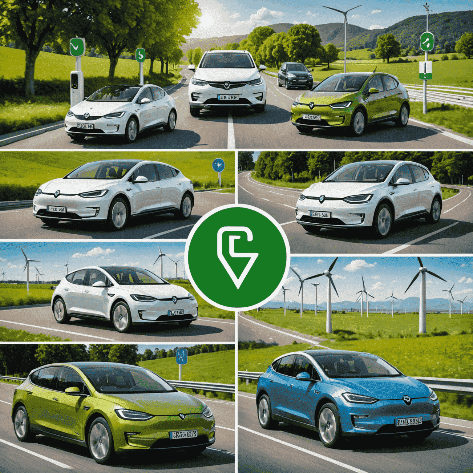 A collage showing various electric vehicles on roads across different countries, with charging stations and green energy symbols in the background