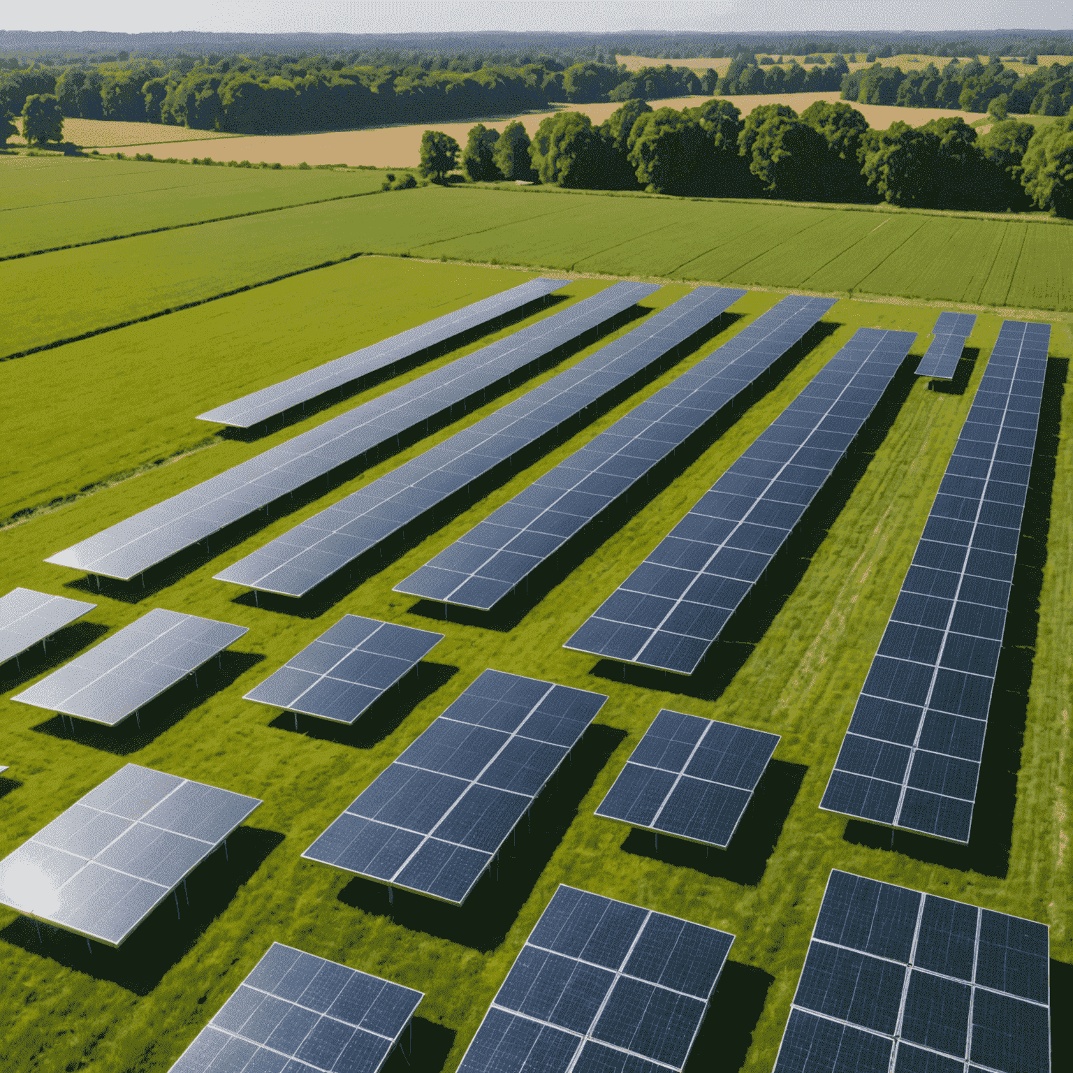 A futuristic solar panel array in a lush green field, with advanced tracking systems and energy storage units visible. The panels have a sleek, almost transparent appearance, showcasing next-generation solar technology.