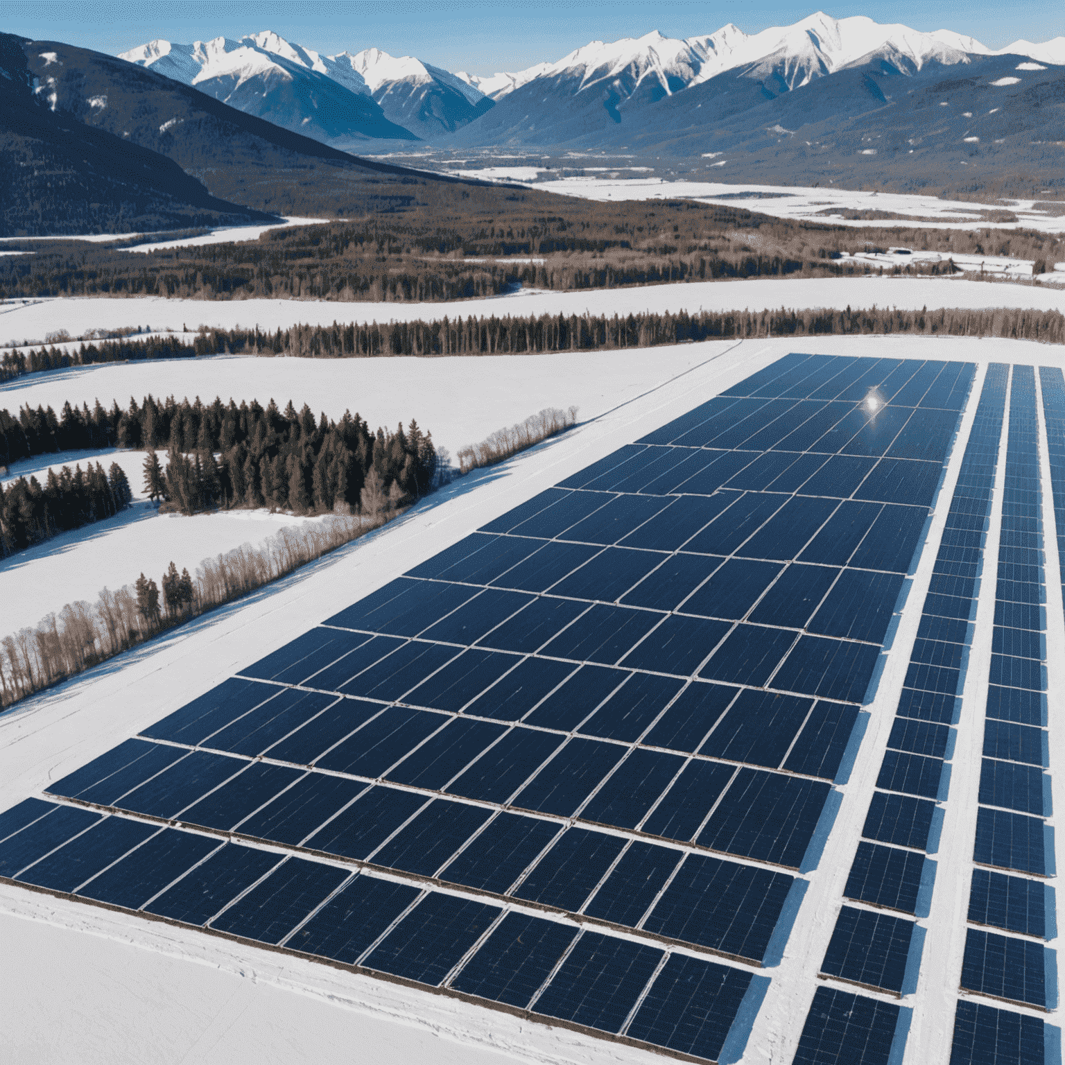 Aerial view of a large solar farm in rural Canada, with snow-capped mountains in the background