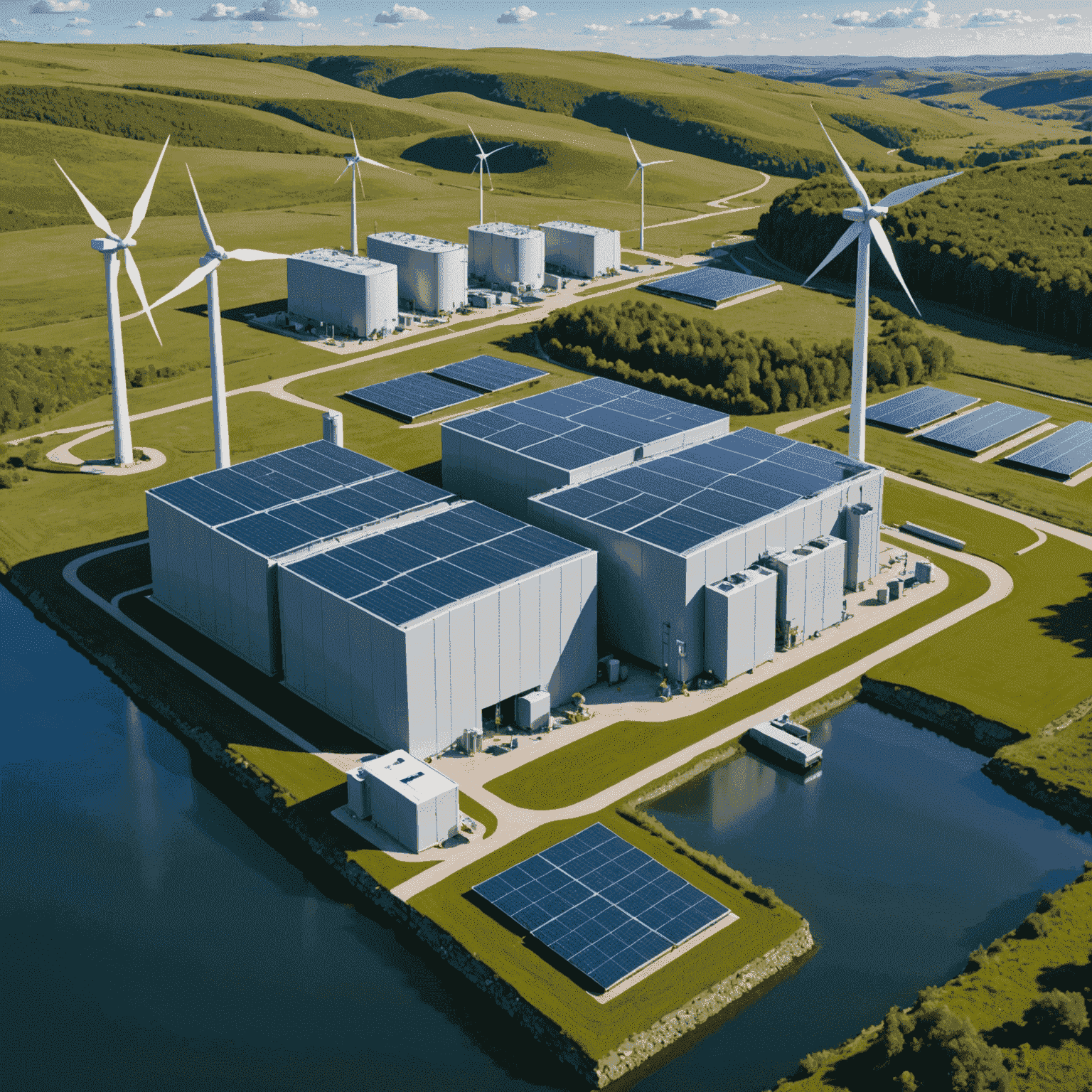 Innovative energy storage facility with a mix of large-scale batteries, pumped hydro storage, and hydrogen fuel cells, surrounded by wind turbines and solar panels