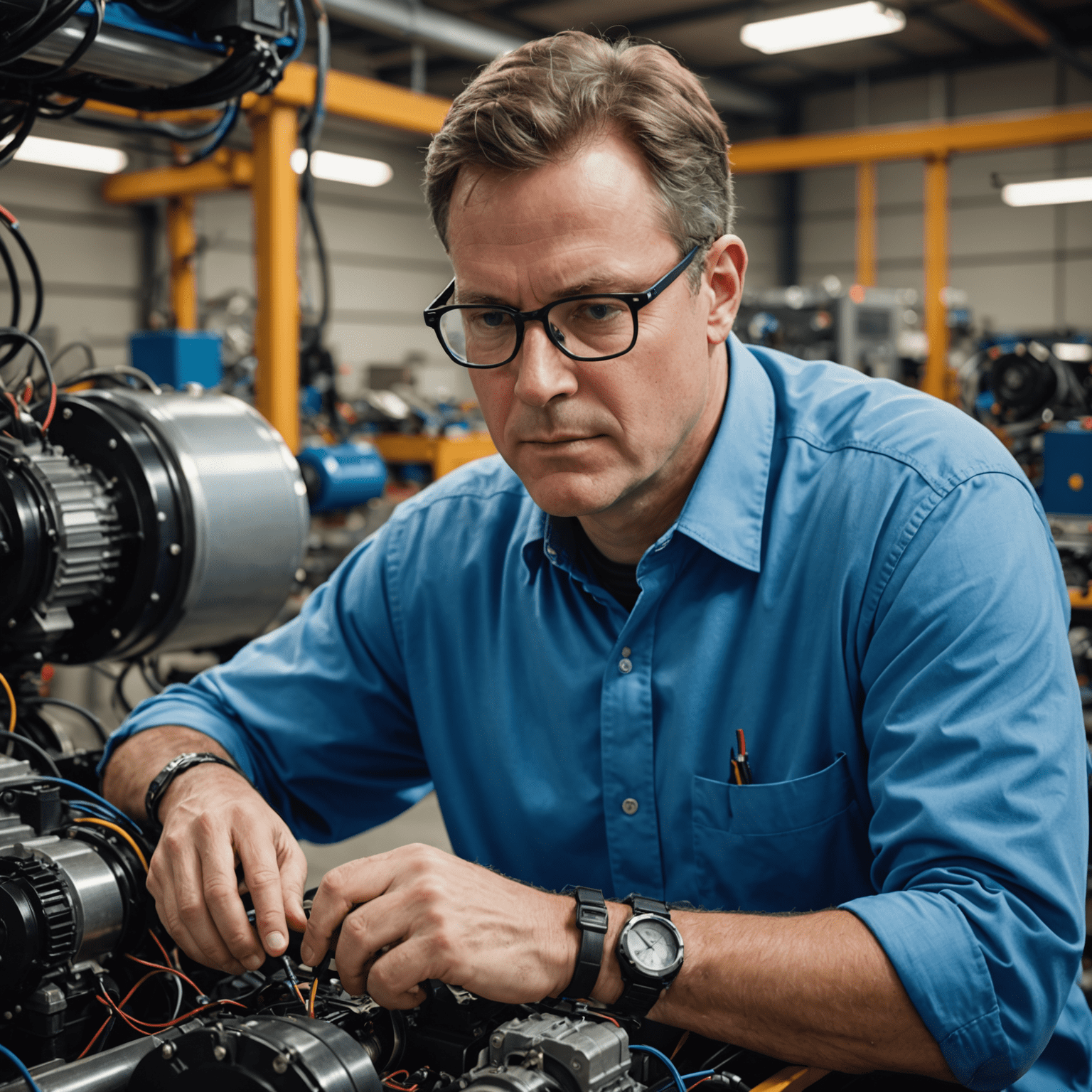 Michael Thompson, Chief Technology Officer, working on an electric motor prototype. He has glasses and is wearing a blue shirt.