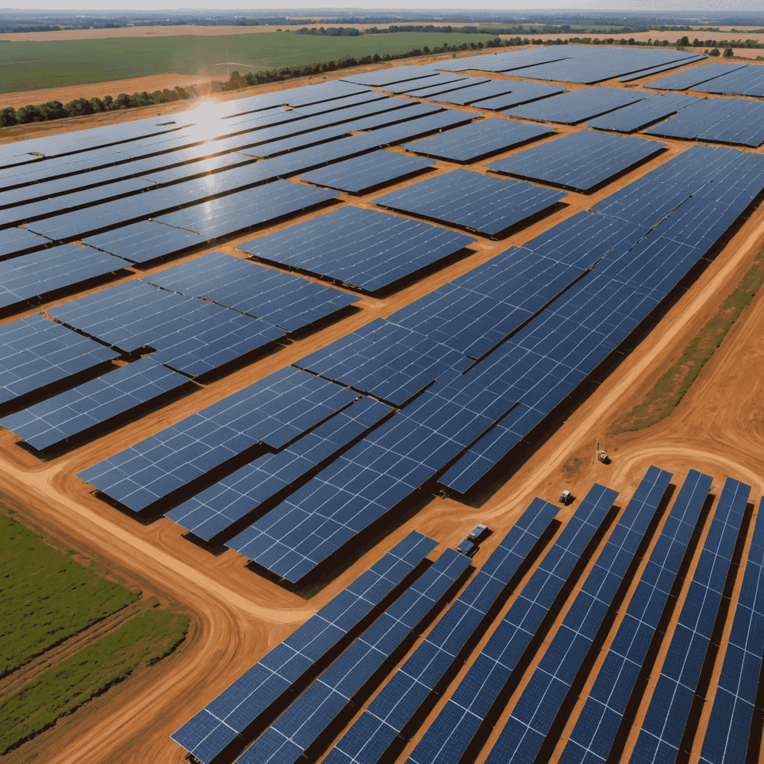 Advanced solar panels in a large solar farm, with innovative tracking systems and high-efficiency cells. The image shows the cutting-edge technology in solar power generation.