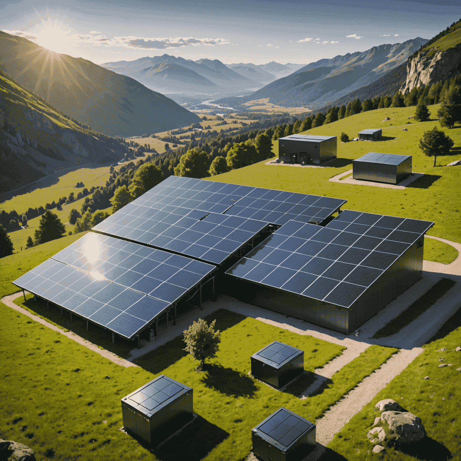 Futuristic solar panels and energy storage systems in a scenic landscape, showcasing cutting-edge solar technology.