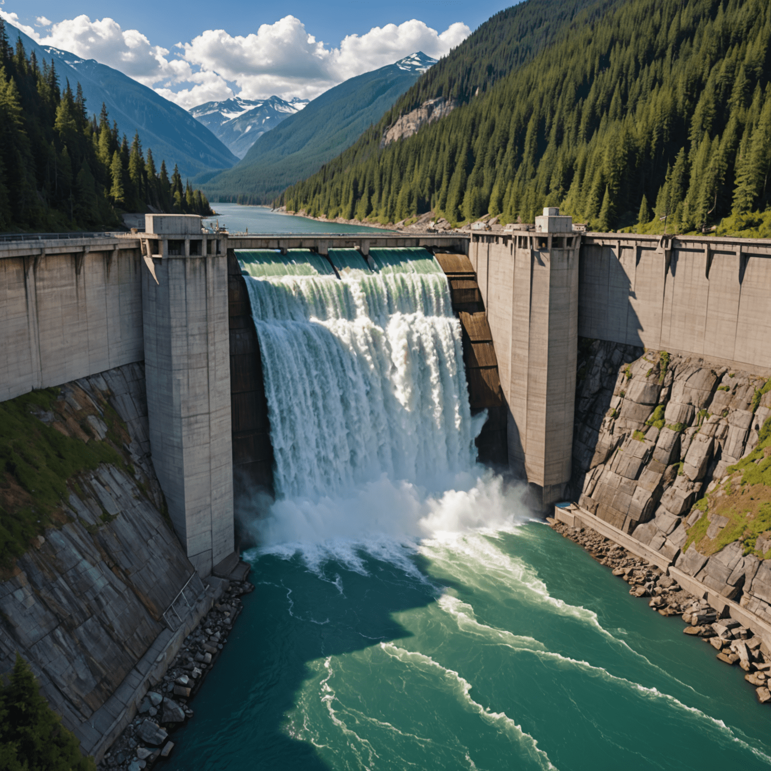 Massive hydroelectric dam in British Columbia, with water cascading down its face