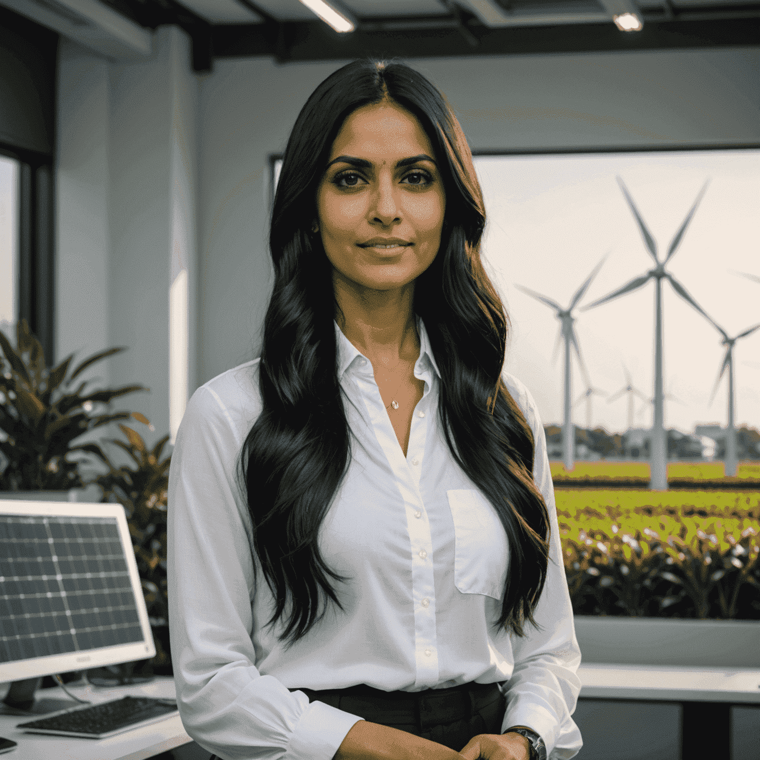 Sarah Patel, Head of Sustainability, presenting a green energy solution. She has long black hair and is wearing a white blouse.