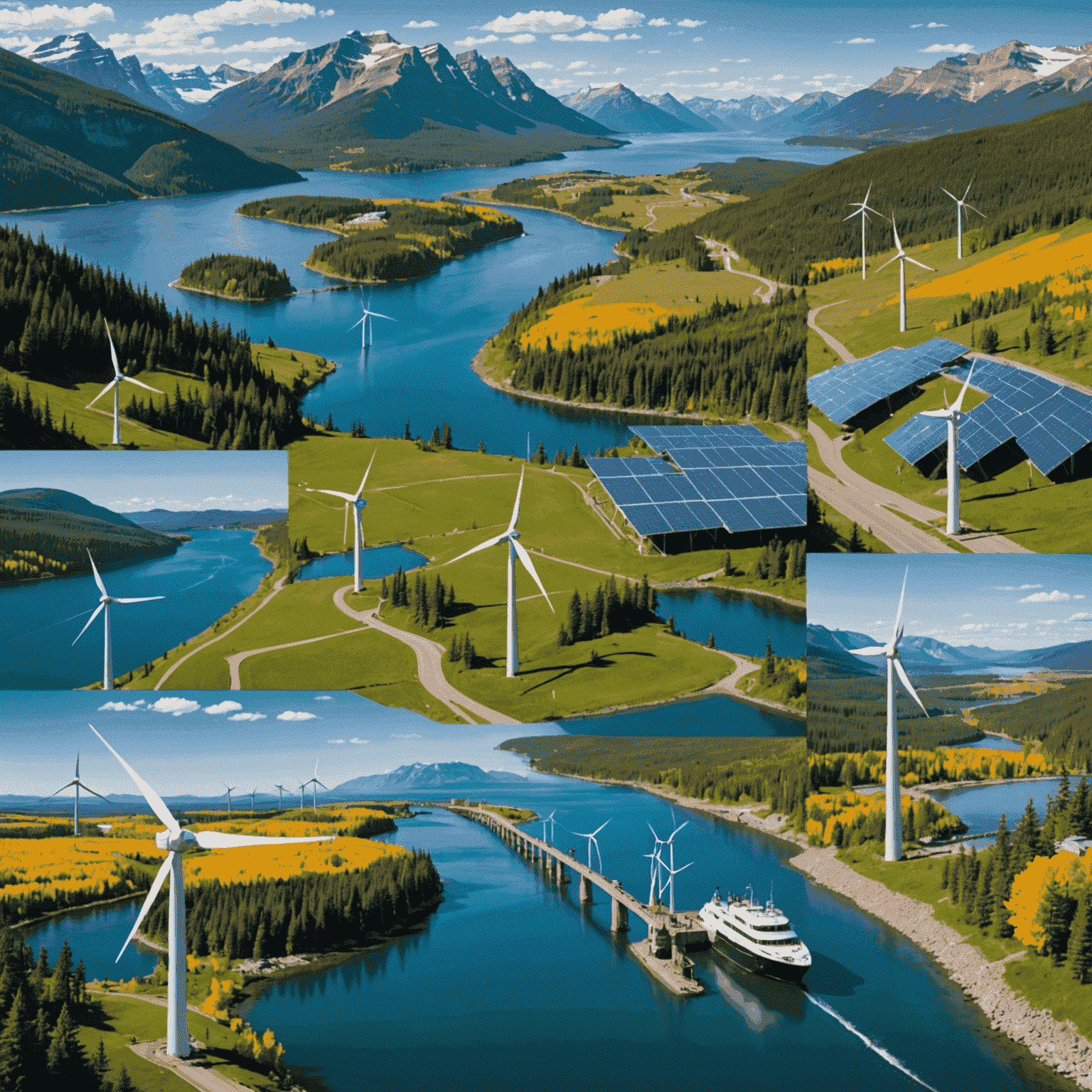 A collage of Canadian green energy projects, featuring wind turbines, solar farms, and hydroelectric dams set against iconic Canadian landscapes.