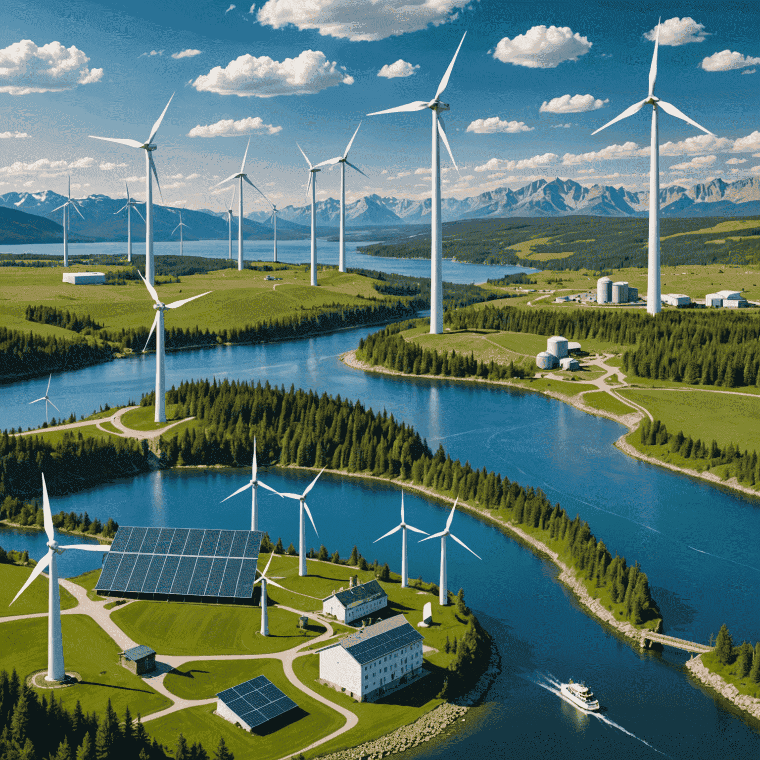 A collage of Canadian landmarks with wind turbines, solar farms, and hydroelectric dams, representing the country's commitment to green energy.