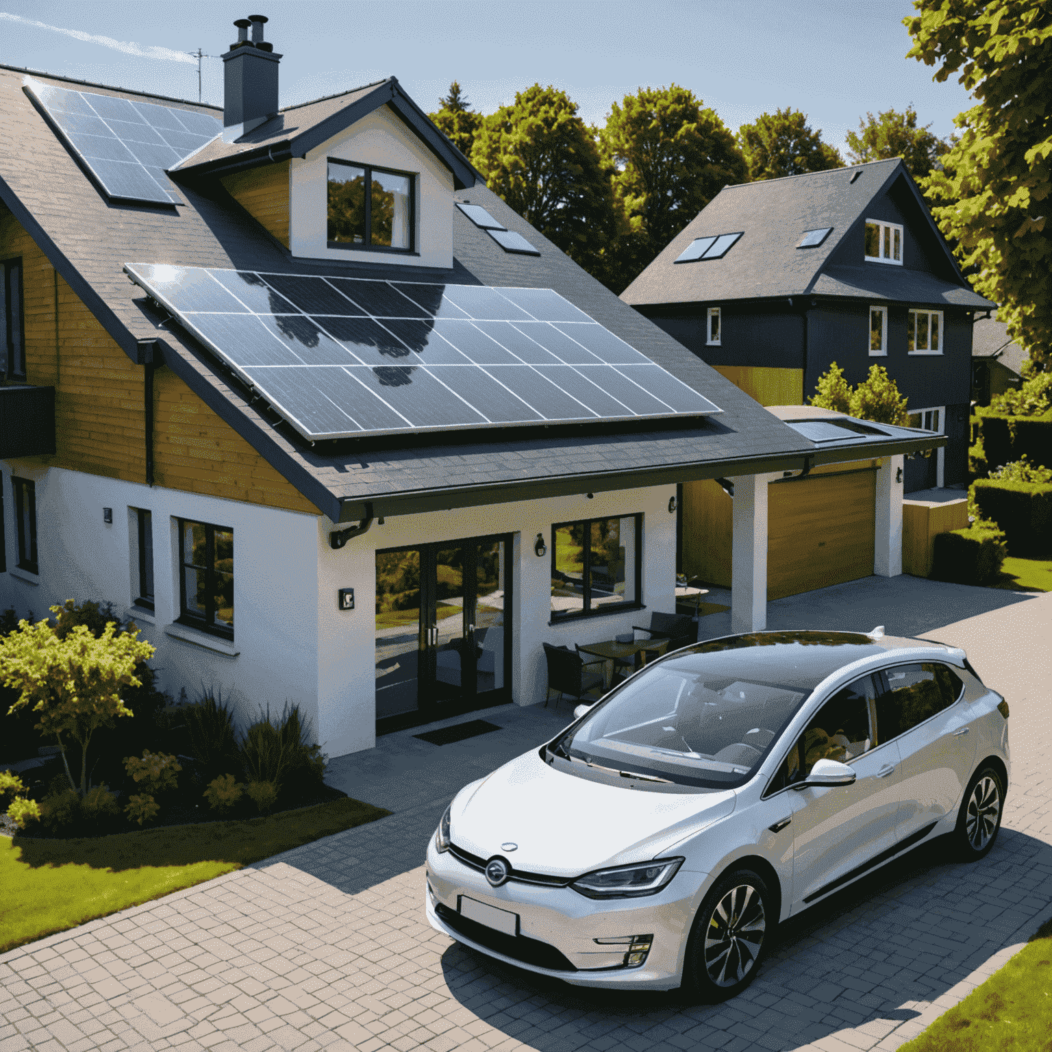 An electric vehicle with integrated solar panels on its roof and hood, parked next to a modern home with roof-mounted solar panels. The image shows energy flow from the sun to both the car and the house, illustrating the synergy between solar power and electric vehicles.