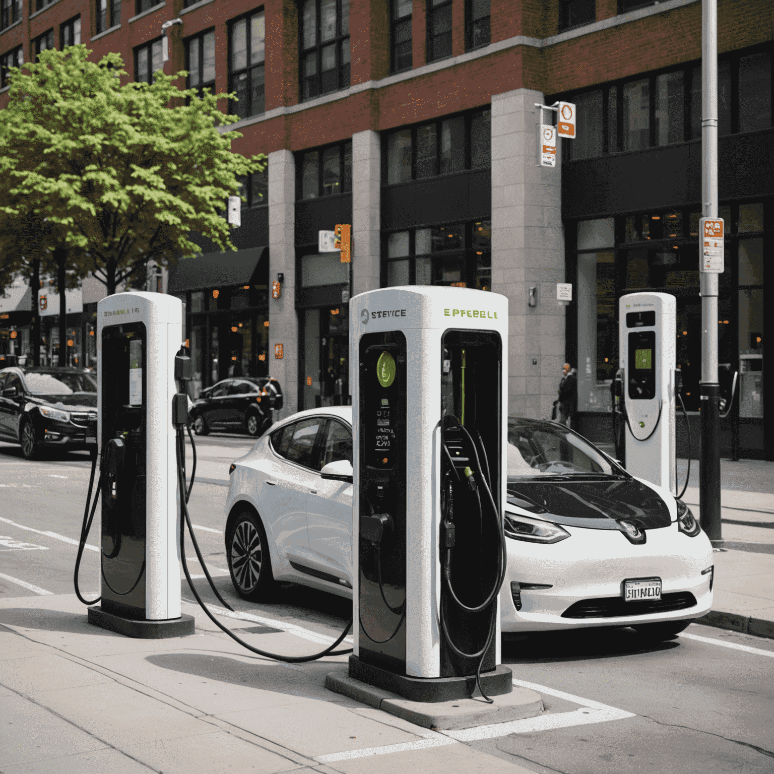 Modern electric vehicle charging station in downtown Toronto, with several EVs plugged in