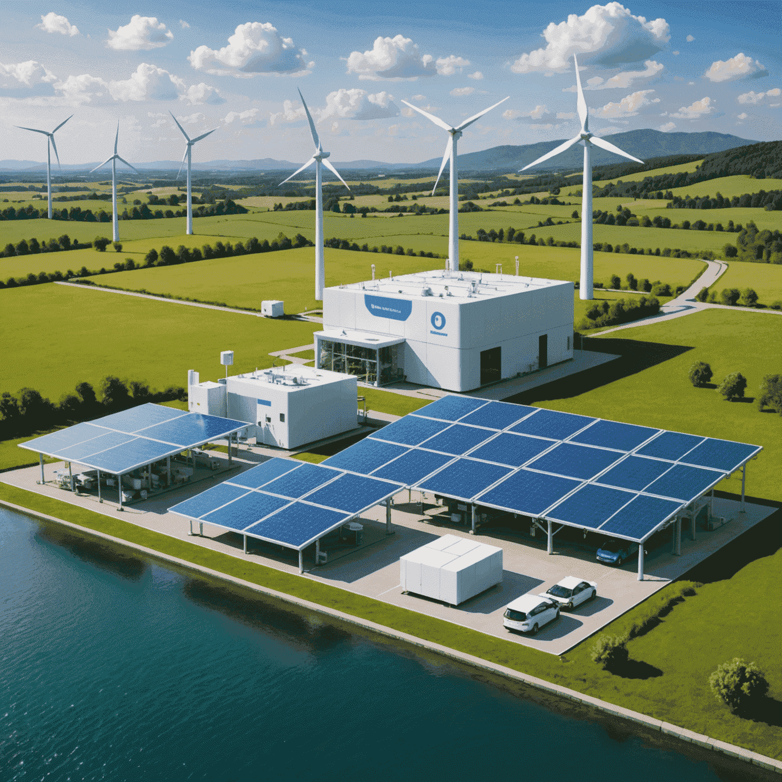 Hydrogen fuel cell system integrated with wind turbines and solar panels, showcasing the production and storage of hydrogen