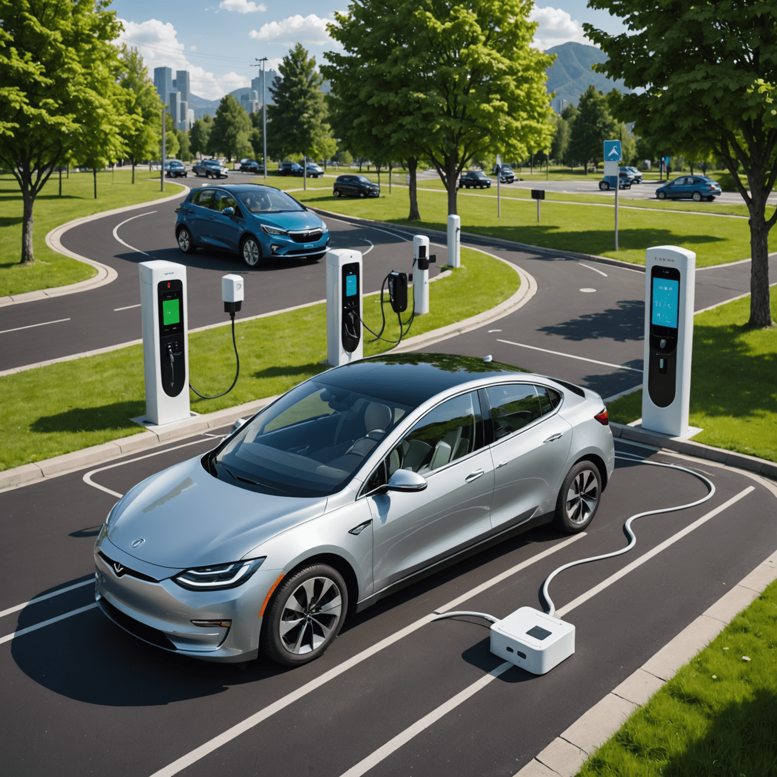 An infographic showing the interconnection between electric vehicles, charging stations, and a smart grid system with data flow visualizations.