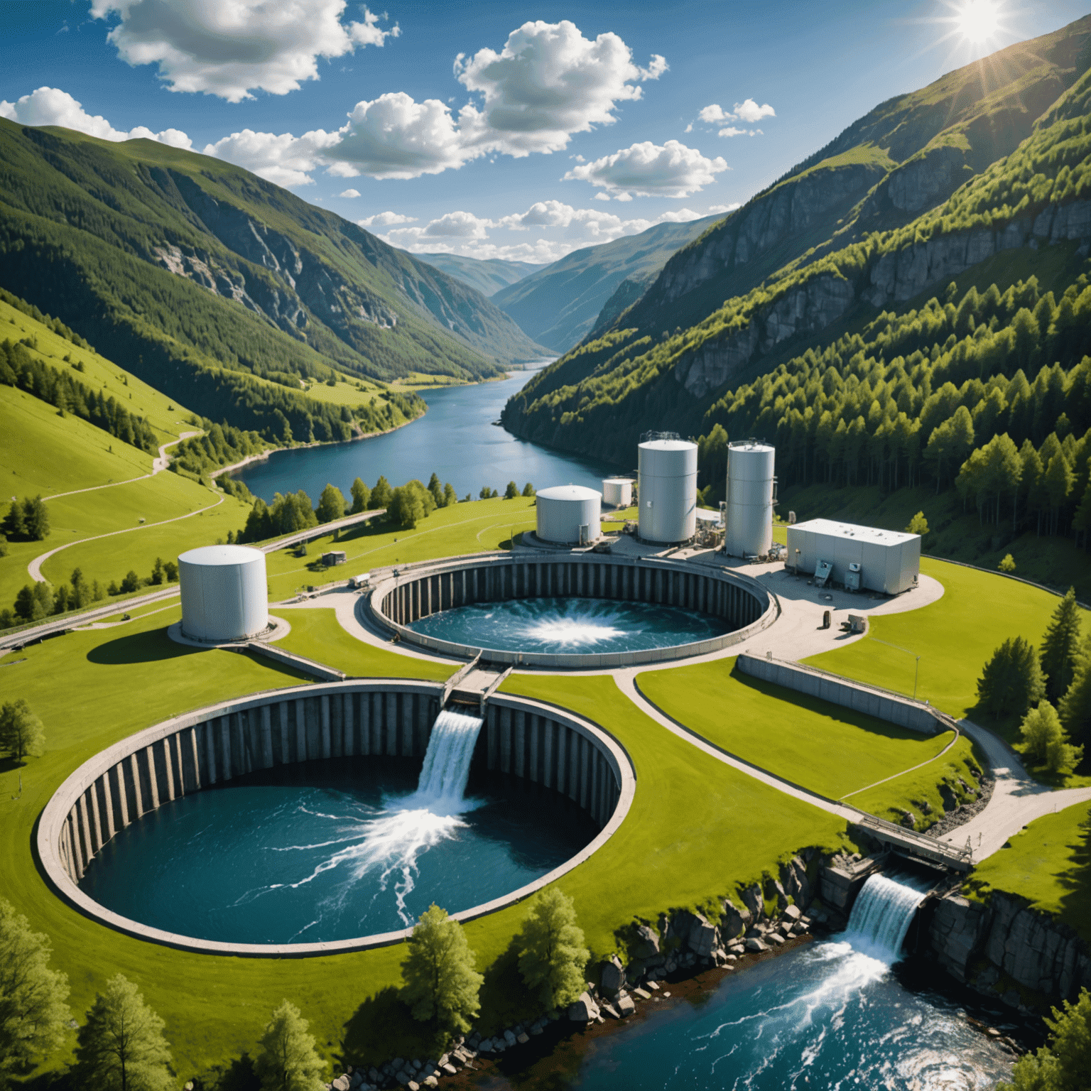 Various innovative energy storage technologies such as pumped hydro, compressed air, and thermal storage systems in a natural setting.